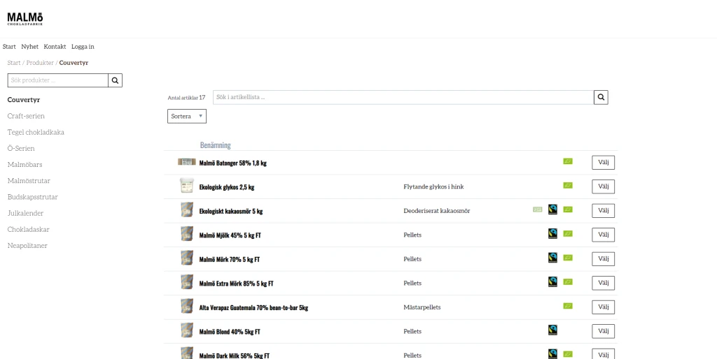 Bild på Malmö chokladfabriks återförsäljarsida i desktopmiljö.