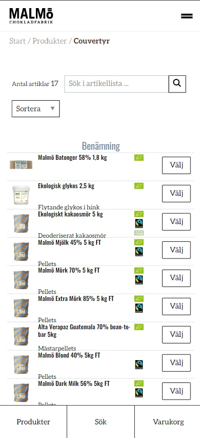 Bild på Malmö chokladfabriks återförsäljarsida i mobilmiljö.